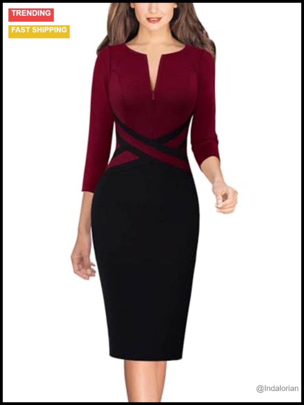 Women's Work Dress Sheath Bodycon Crisscross Waist Front Zipper Knee Length